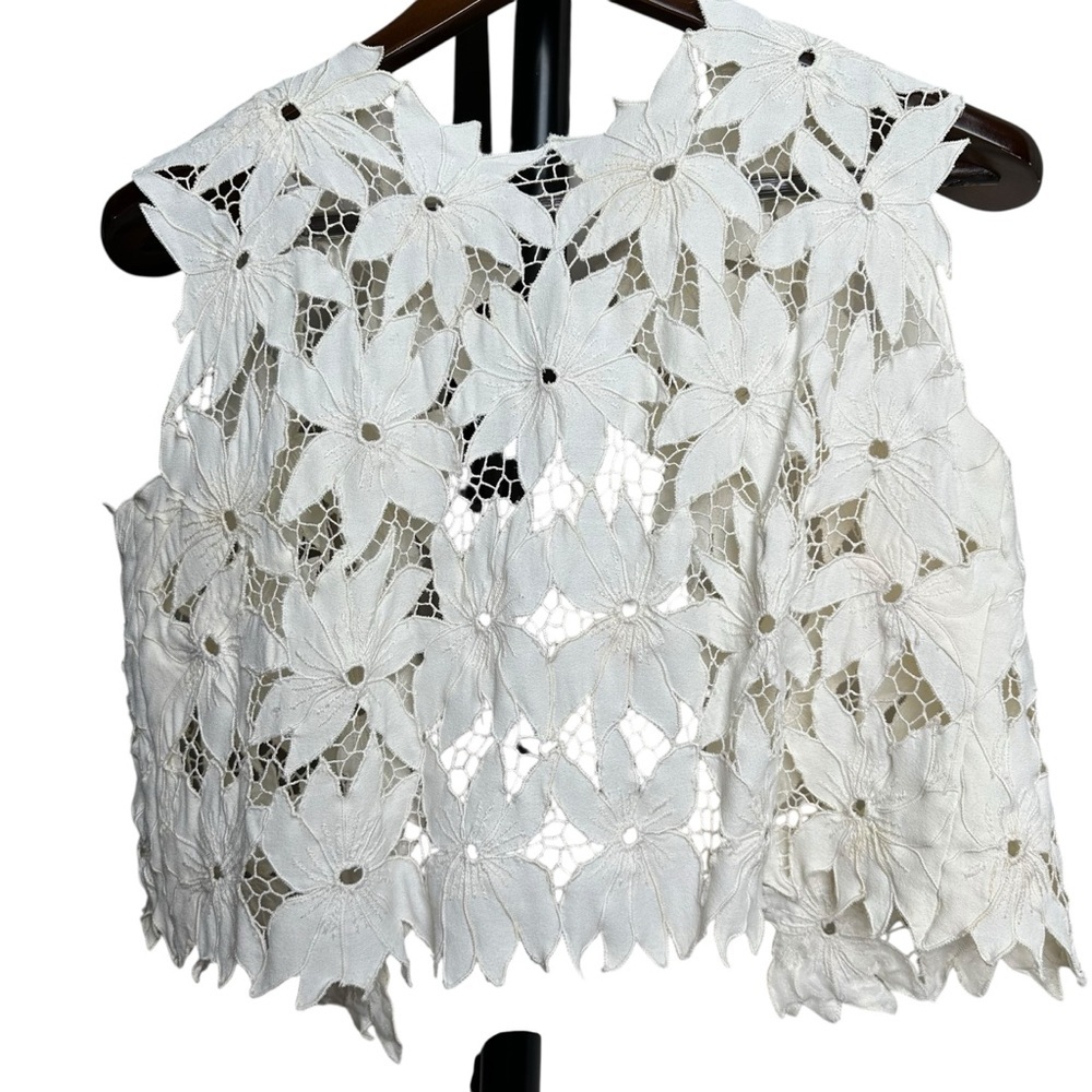 Vintage 70s Lace Floral Cropped Vest Women's Medium Boho Kitschy Flower Child - Picture 6 of 10